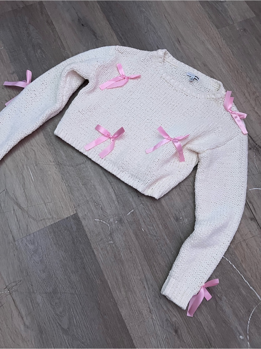 Fashion Nova Cream Knit Cropped Sweater with Pink Ribbon Bows